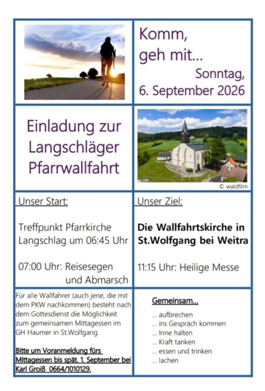 Mehr über den Artikel erfahren Einladung zur Pfarrwallfahrt