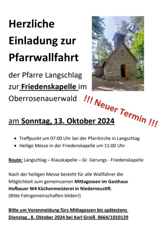 Mehr über den Artikel erfahren Einladung zur Pfarrwallfahrt – Neuer Termin!
