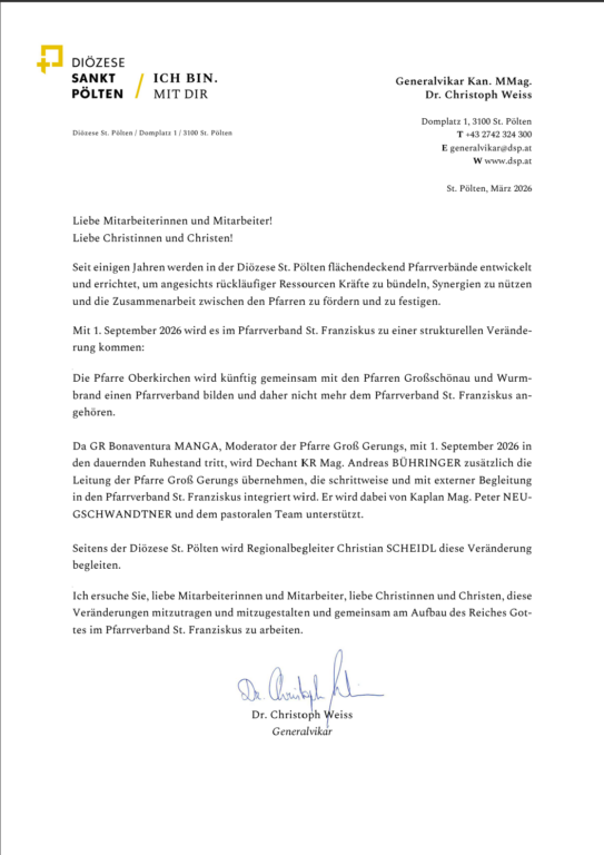 Mehr über den Artikel erfahren Ankündigung der Diözese St. Pölten