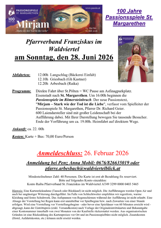 Mehr über den Artikel erfahren Einladung: Fahrt Passionsspiele St. Margarethen 2026